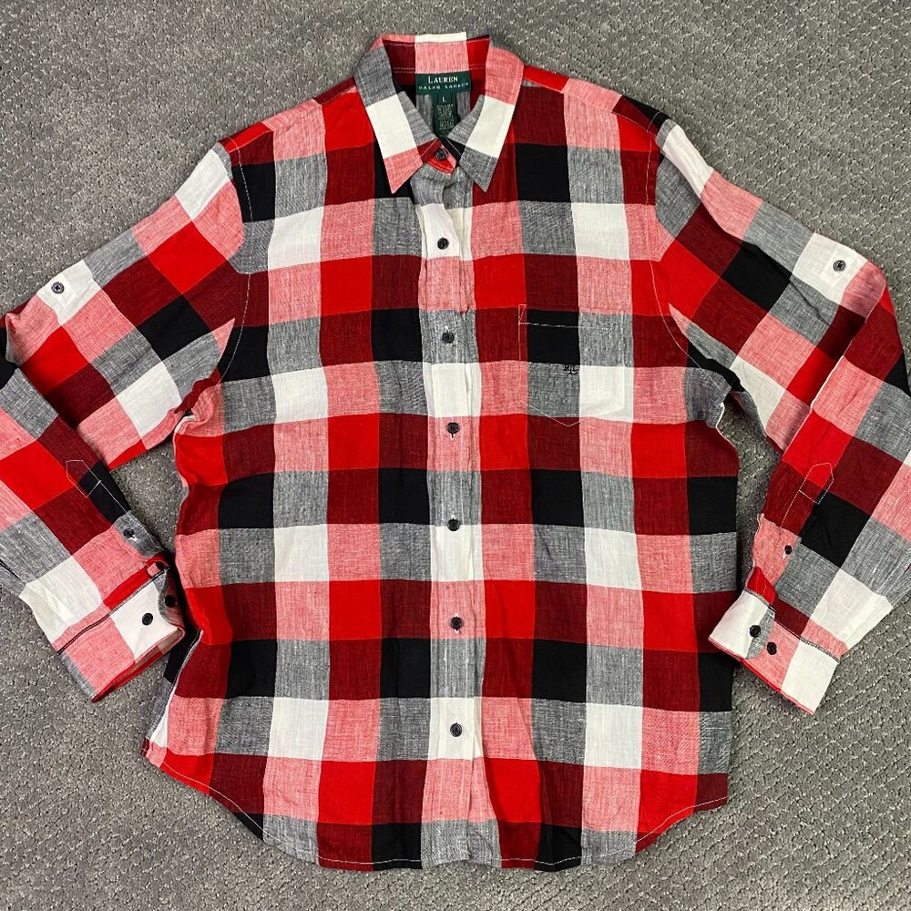 NWOT Lauren Ralph Lauren Linen Shirt Women's Large Red Plaid Check Button Down